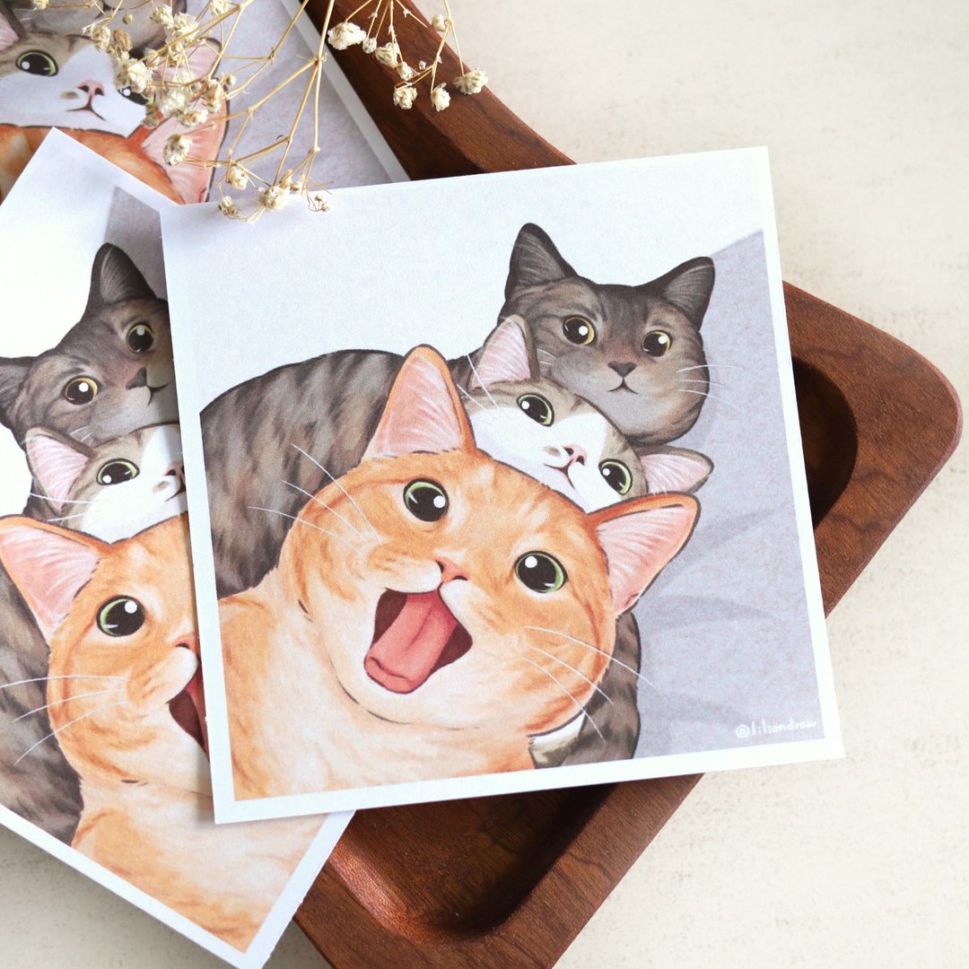 猫猫们的自拍照 小方卡 方形明信片 万用卡 可爱 插画 猫咪 - 卡片/明信片 - 纸 白色