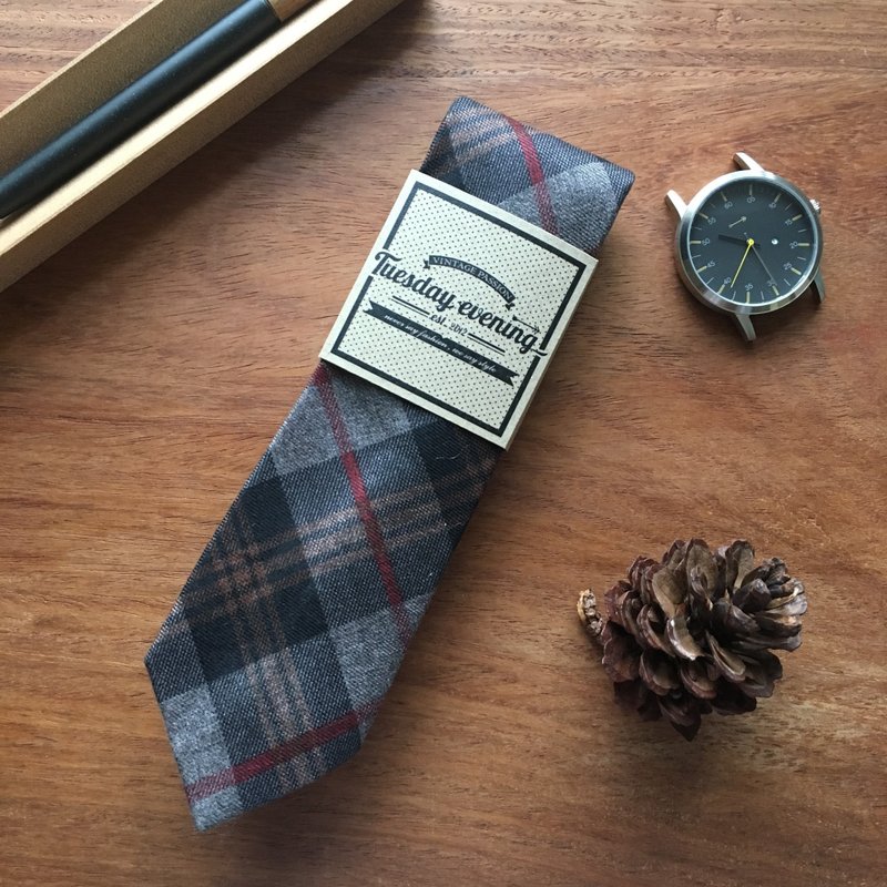 Necktie Grey Tartan - 领带/领带夹 - 棉．麻 灰色