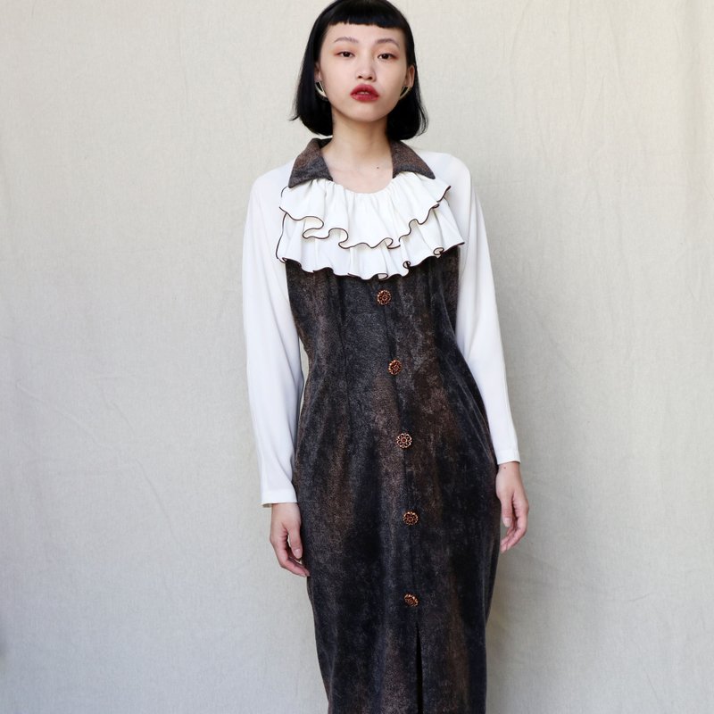 南瓜Vintage。古着 浪漫 华丽 荷叶领 开衩 绒面 长袖 洋装 - 洋装/连衣裙 - 其他材质 