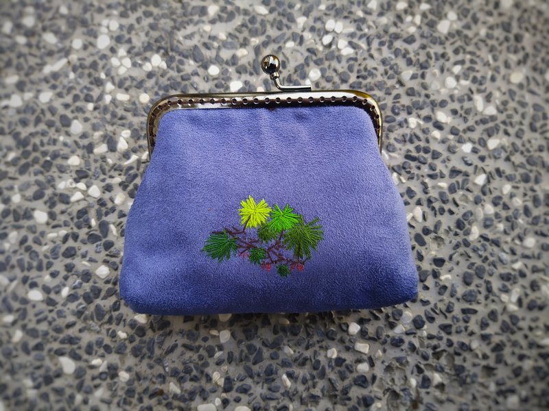 日式松叶 双色麂皮口金包 - 零钱包 - 绣线 蓝色