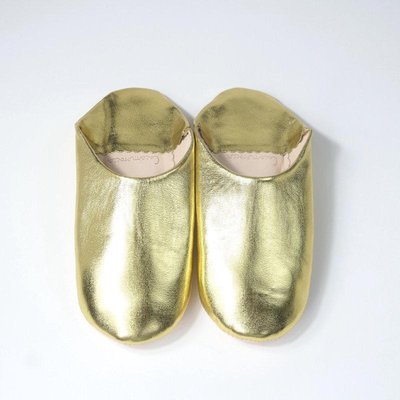高品质 金色 / 摩洛哥 无异味 经典皮革 Babouche 拖鞋 手工制作 - 室内拖鞋 - 真皮 金色