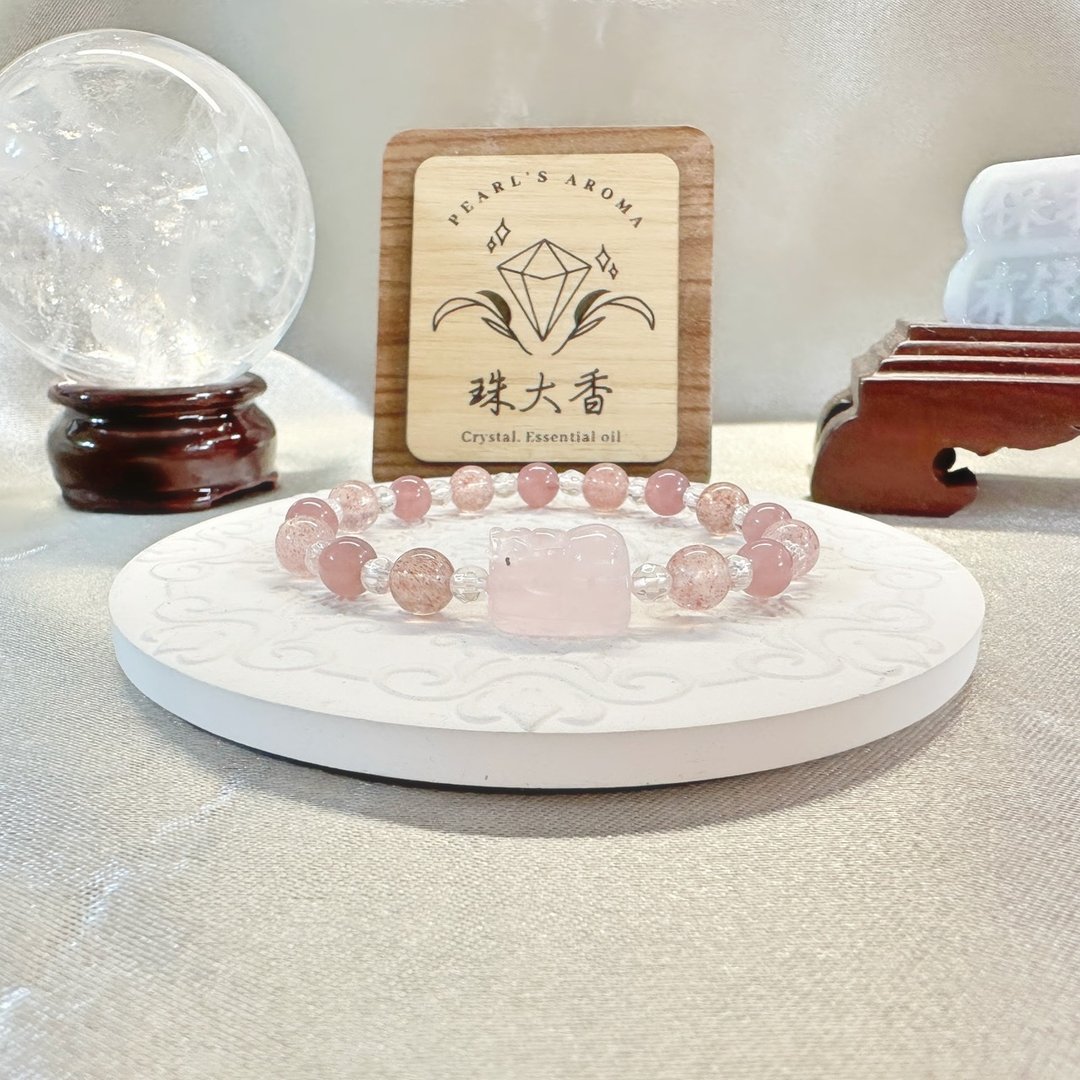 桃气满满 粉晶貔貅・紫马达加斯加粉晶・草莓晶・白水晶 - 手链/手环 - 水晶 粉红色