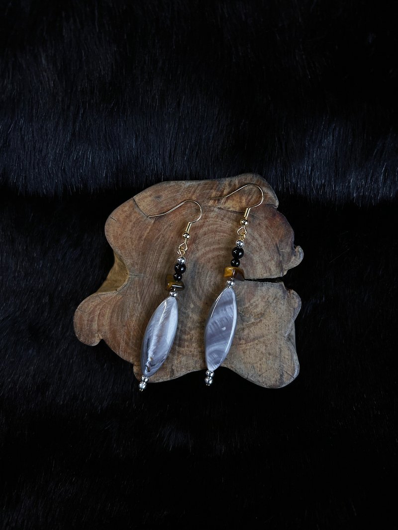 光泽 灰紫贝x虎眼石x黑玛瑙 18k包金925银 原创手作小众 串珠耳环 - 耳环/耳夹 - 贝壳 多色