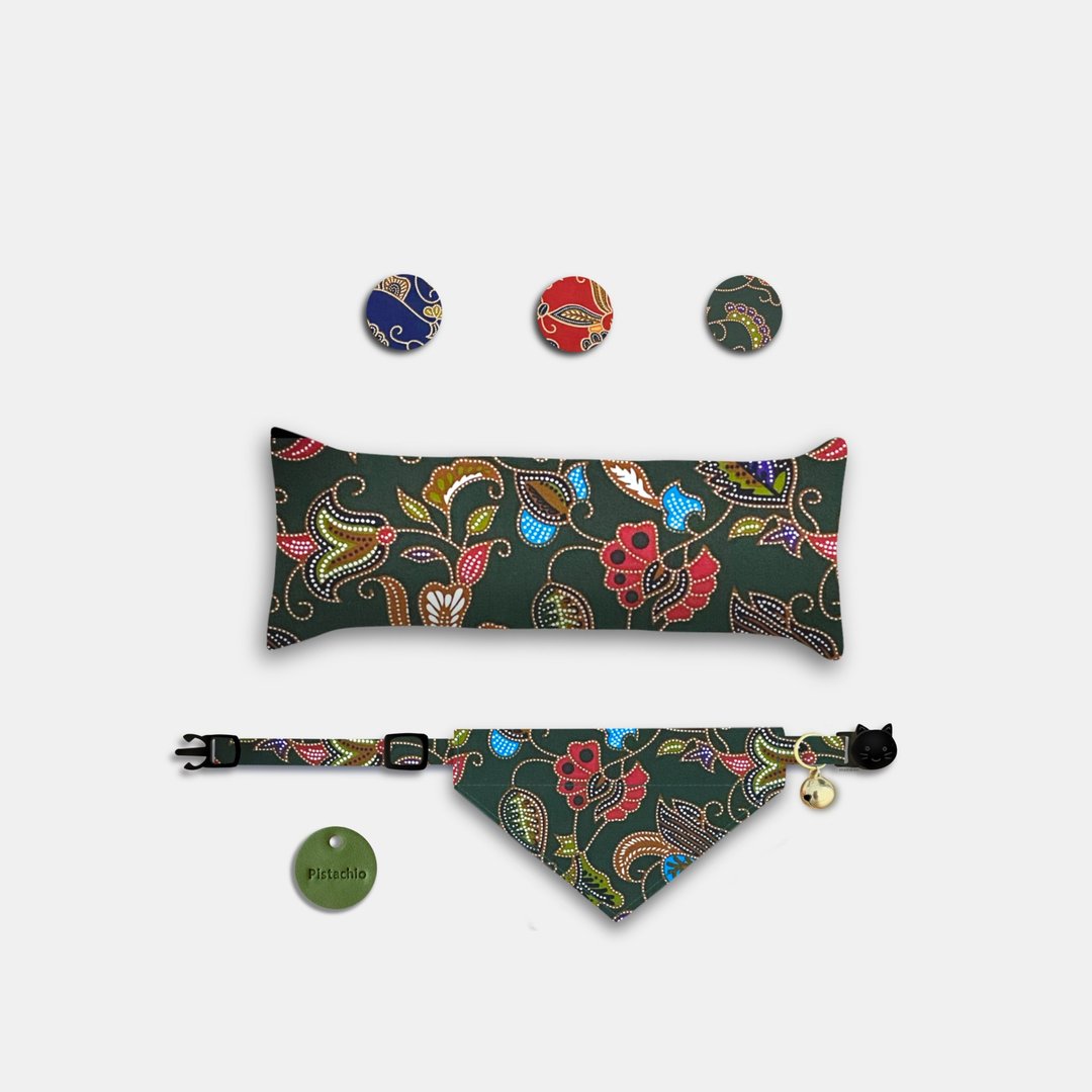 宠物猫咪派对礼盒 | 手工定制 Batik Green Cat Bundle Box - 项圈/牵绳 - 棉 绿色