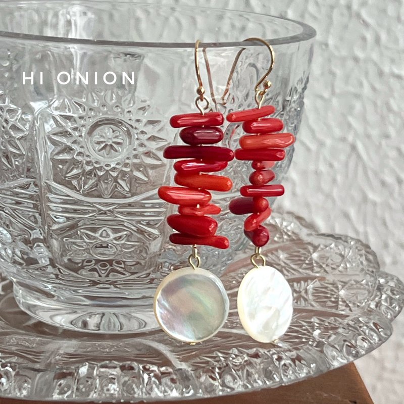 Hi Onion小众设计红色贝壳耳环耳夹喜庆新中式国风新娘耳饰复古 - 耳环/耳夹 - 其他材质 