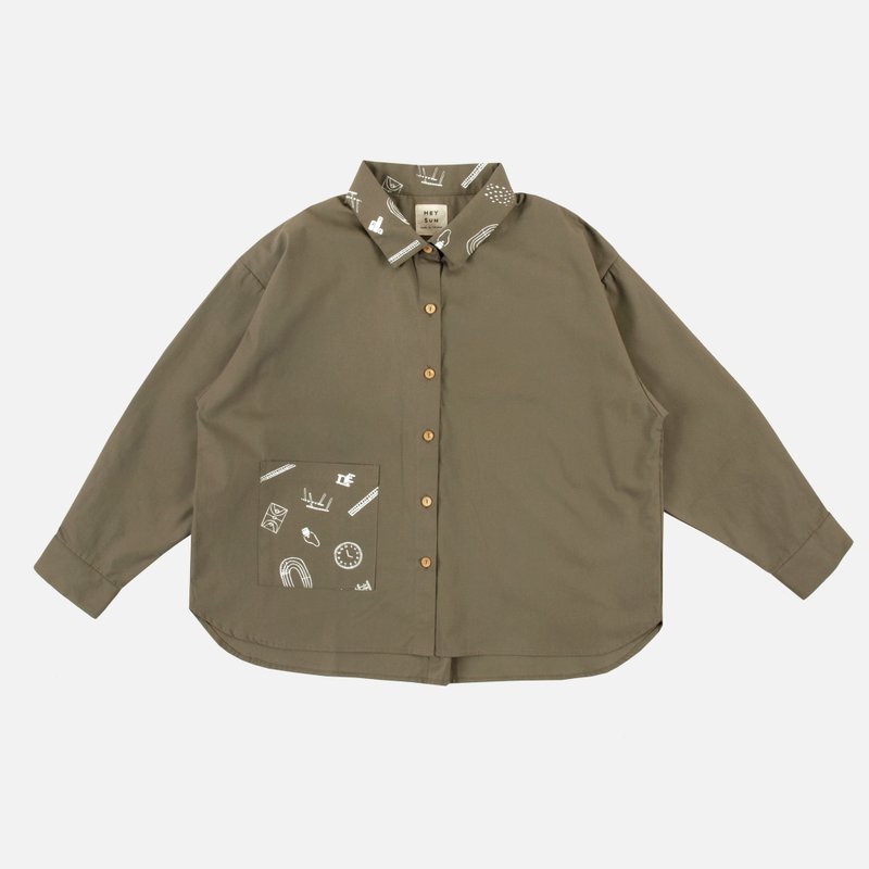 小学校印花拼接宽松衬衫 - 女装衬衫 - 棉．麻 卡其色