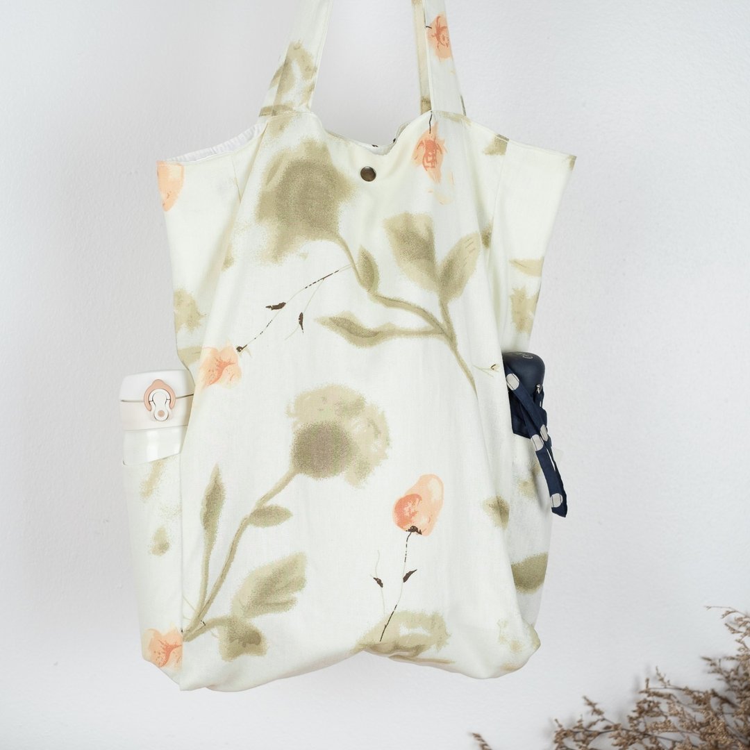 Jumbo Linen Tote Bag with 2 Side Pocket (Flora Pattern) - 手提包/手提袋 - 棉 多色