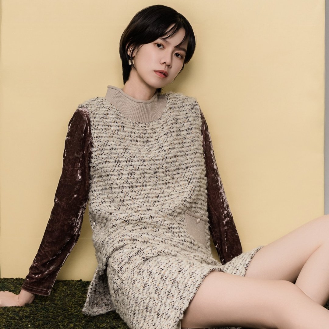 【MEDUSA】米卡其羊毛毛编织拼接背心(M-XL) | 女羊毛背心 - 女装上衣 - 羊毛 卡其色