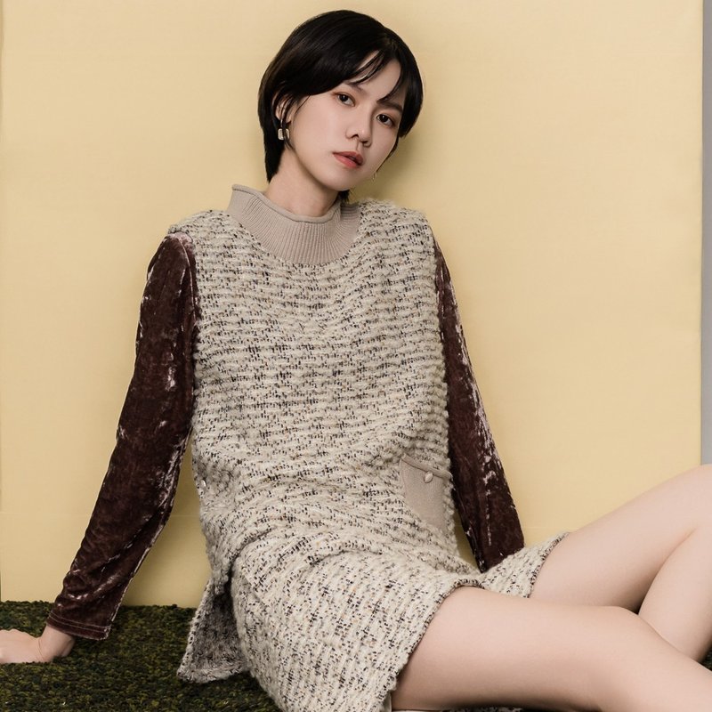 【MEDUSA】米卡其羊毛毛编织拼接背心(M-XL) | 女羊毛背心 - 女装上衣 - 羊毛 卡其色