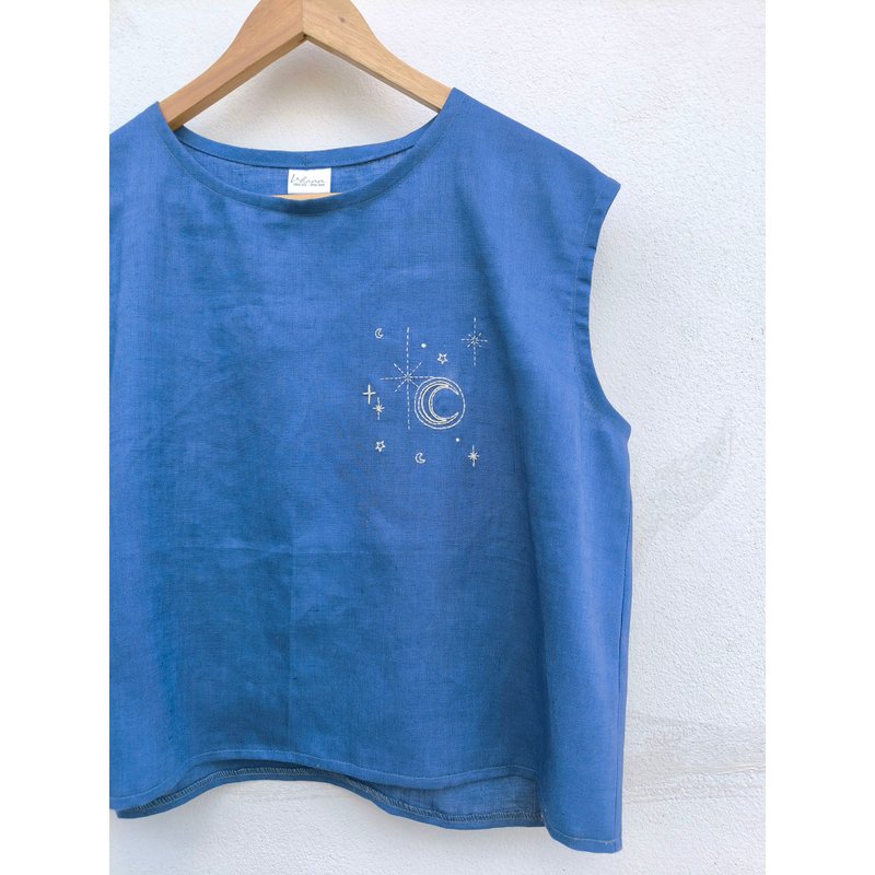 刺绣 | 亚麻 | 蓝色无袖上衣 - 女装上衣 - 棉．麻 蓝色