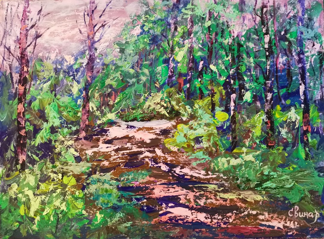 Oil Painting Forest Path Sun Abstract Impasto Art Original Artist Svinar Oksana - 其他 - 其他材质 多色
