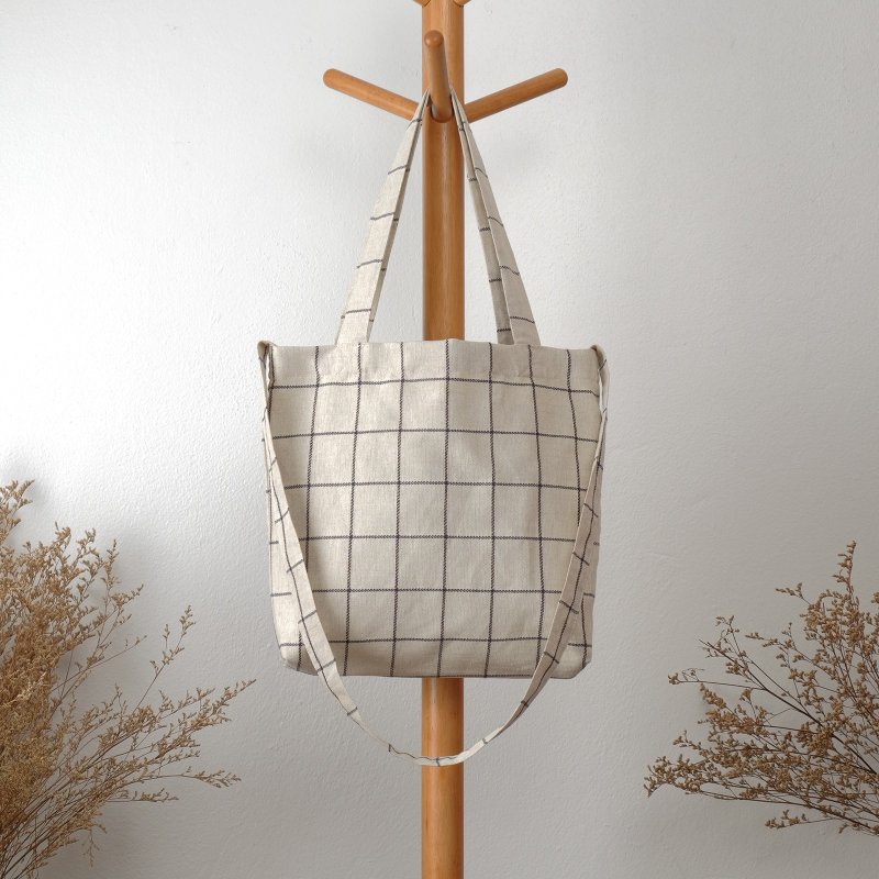 Natural Checkered Linen Tote Bag - 侧背包/斜挎包 - 棉．麻 卡其色