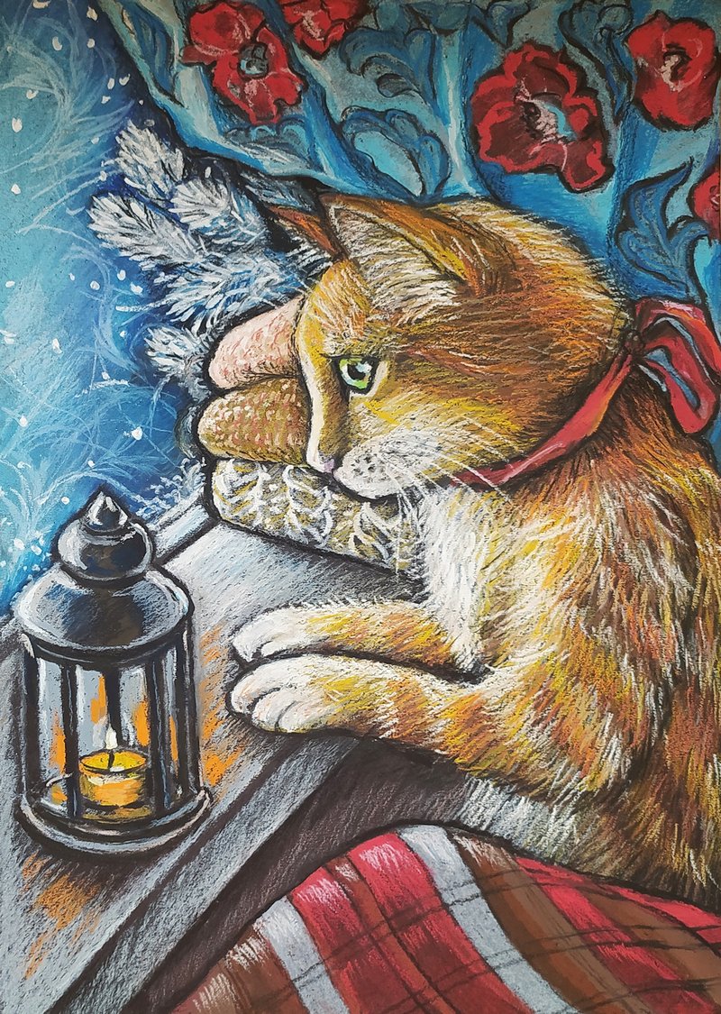 猫画动物艺术油画棒舒适艺术的肖像 - 墙贴/壁贴 - 纸 蓝色