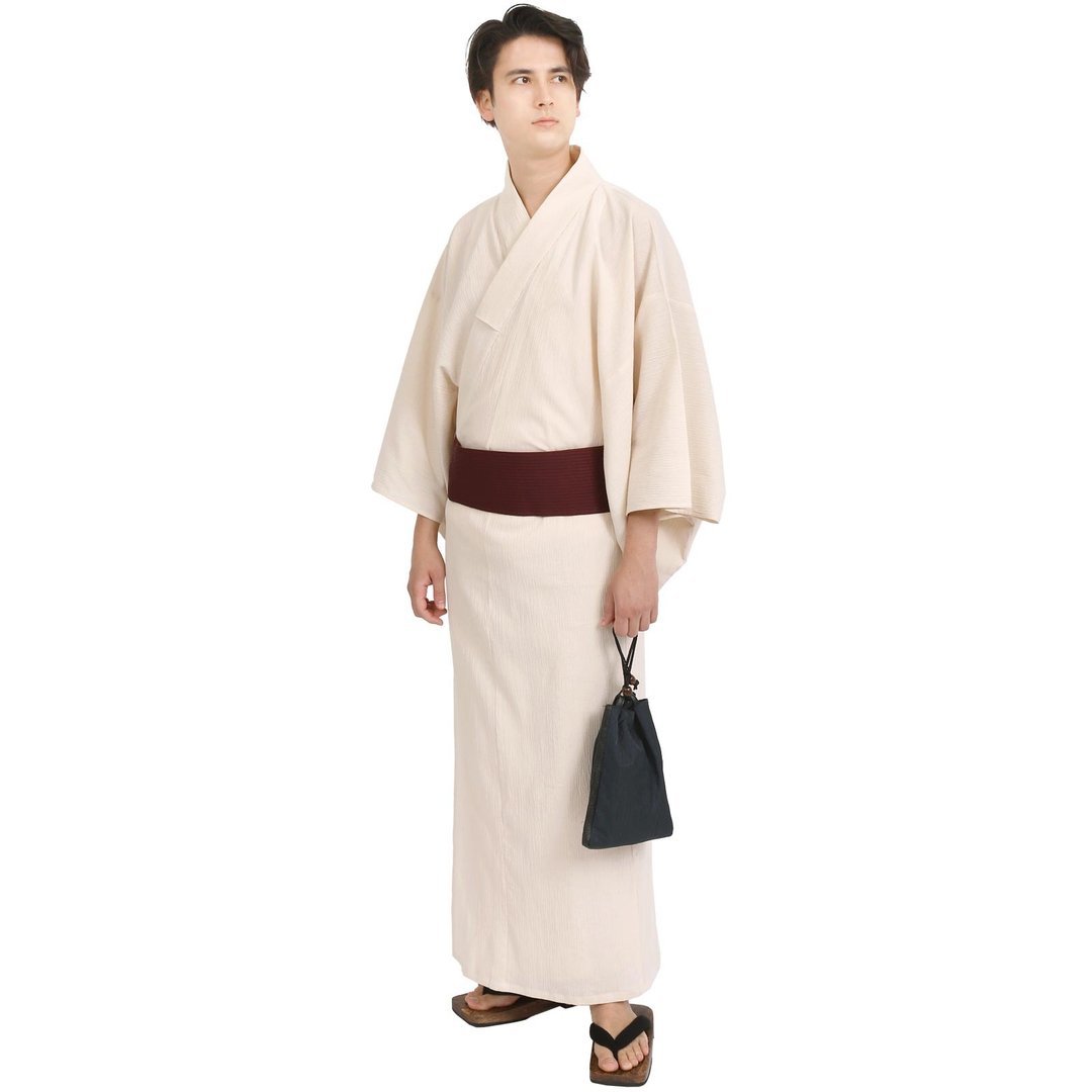 日本 和服 男 杨柳 浴衣 腰封 2 件 套组 M-5L 米白 z38-01 - 其他 - 棉．麻 白色