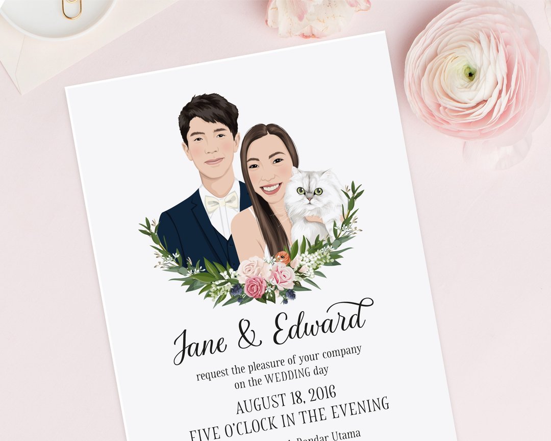 Illustrated wedding invitation with custom portraits. Custom printable invites. - 电子喜帖/贺卡/邀请函 - 其他材质 