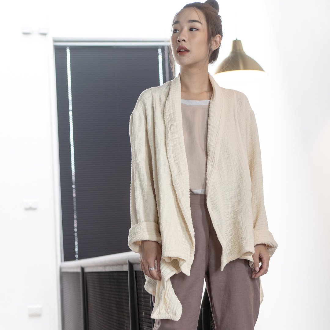 Natural Cotton Cardigan Flowy Cardigan Autumn Jacket - Cream - 女装休闲/机能外套 - 棉 白色