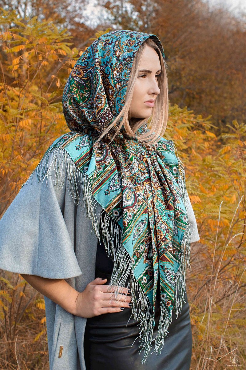 Pavlovo Posad 俄罗斯披肩 100% 羊毛围巾包裹丝绸流苏 125x125 厘米 598-52 - 丝巾 - 羊毛 绿色