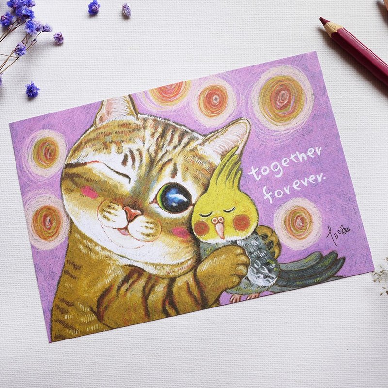 《十三喵插画室》永不分离☉猫咪鸟儿☉插画明信片 - 卡片/明信片 - 纸 粉红色