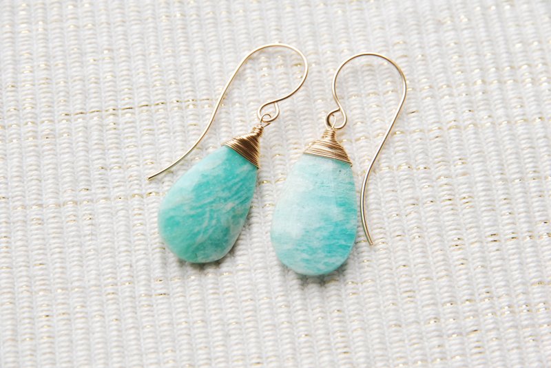 Large Amazonite hook earrings no.3 14kgf - 耳环/耳夹 - 半宝石 蓝色