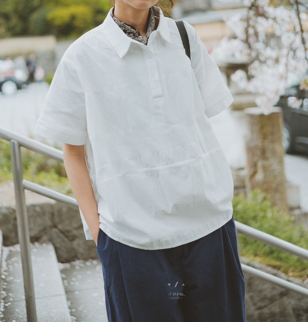 麻布十番POLO领横条拼接剪裁上衣 - 2色-白番 - 女装衬衫 - 棉 白色