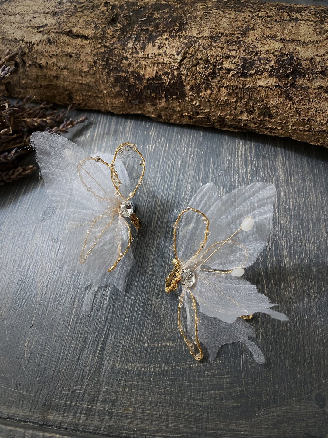 水晶纱花蝴蝶 耳环 - 耳环/耳夹 - 其他材质 