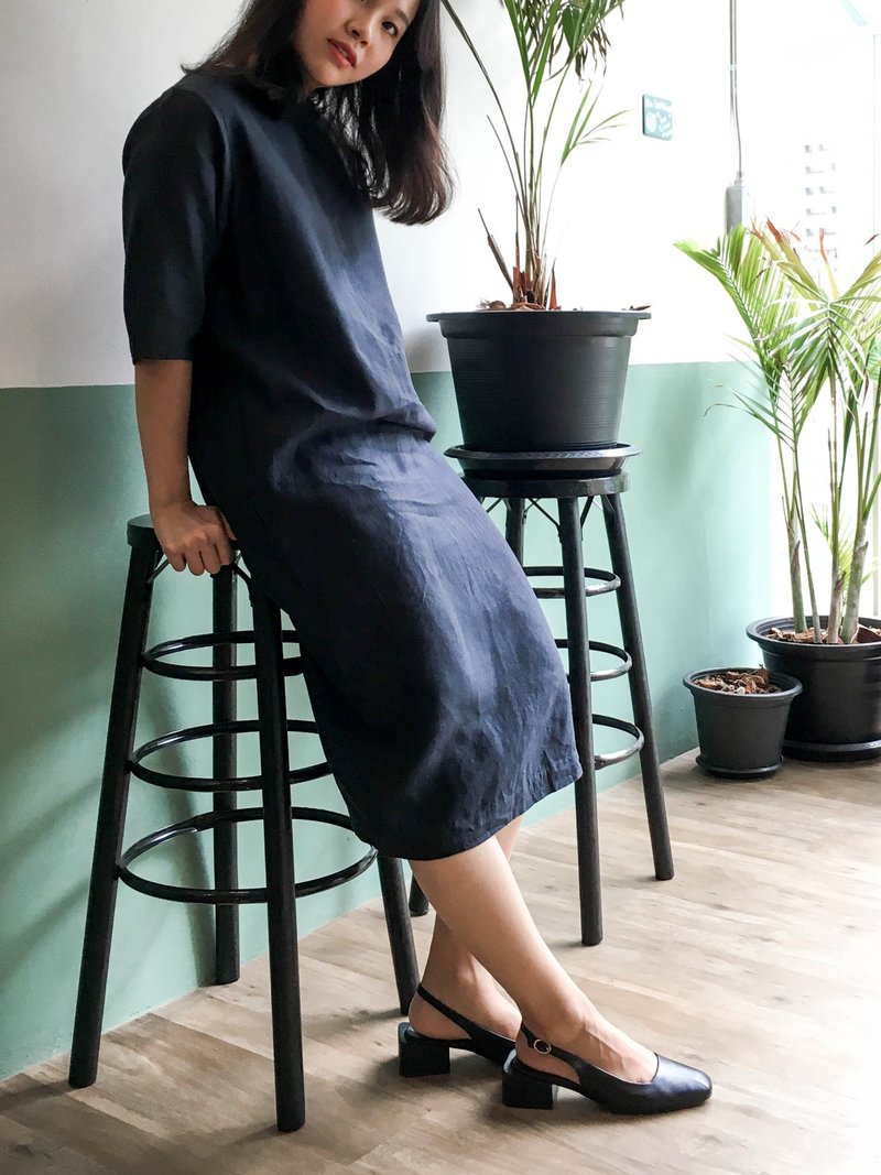 Sunday Dress : dark grey linen dress - 洋装/连衣裙 - 棉．麻 黑色