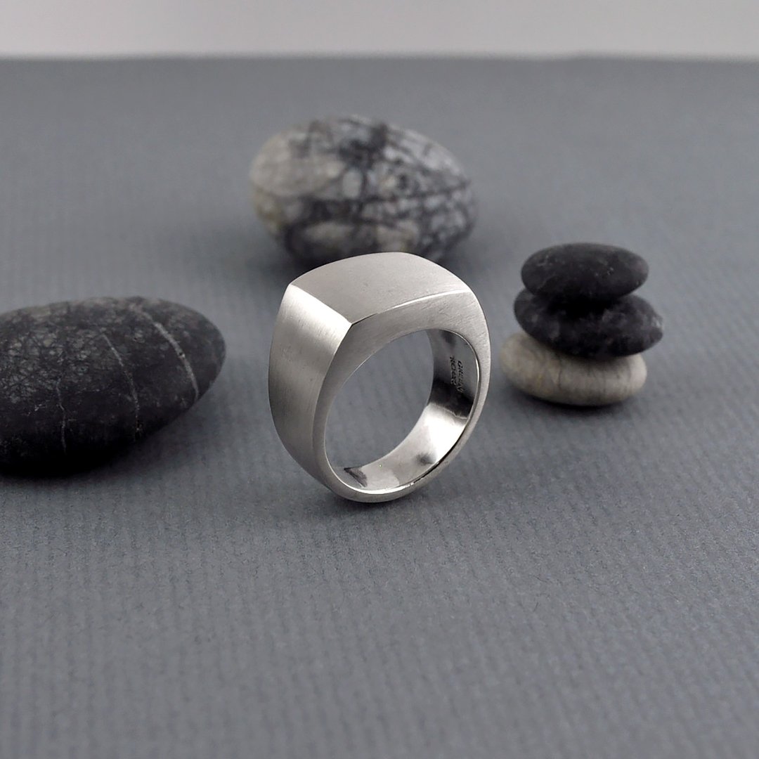 方形印章戒指 缎面抛光 925纯银 men's jewelry 男戒 - 戒指 - 纯银 银色