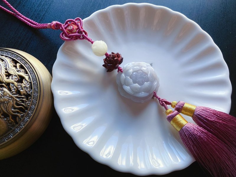 【售出】天然缅甸玉翡翠 紫翡莲花 菩提 小叶紫檀 礼物 包挂 车挂 - 吊饰 - 玉石 紫色