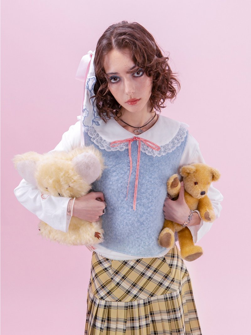 cherrywine First Love初恋蓝灰羊毛毛圈短款背心马甲冬女款 - 女装背心 - 羊毛 蓝色