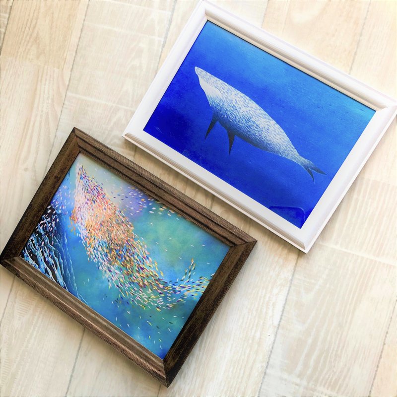 Work of art A5 print Colorful swimmy and whale swimmy - 海报/装饰画/版画 - 纸 蓝色
