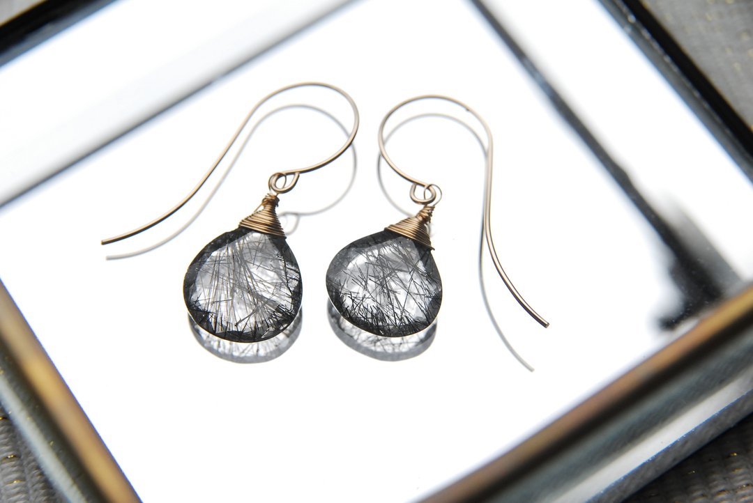 Gemstone quality Large tourmaline in quartz earrings Maron cut 14kgf - 耳环/耳夹 - 半宝石 黑色
