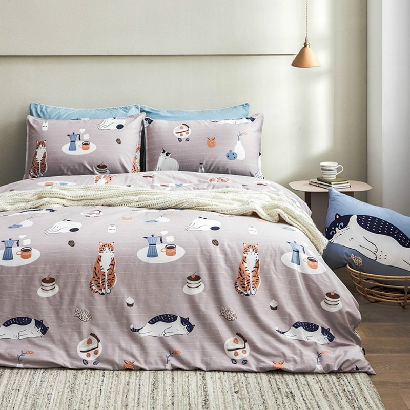 粉芋喵 枕套+被套兩件組 單人雙人原創手繪貓咪40支純棉 床包另購 - 寝具 - 棉．麻 粉红色