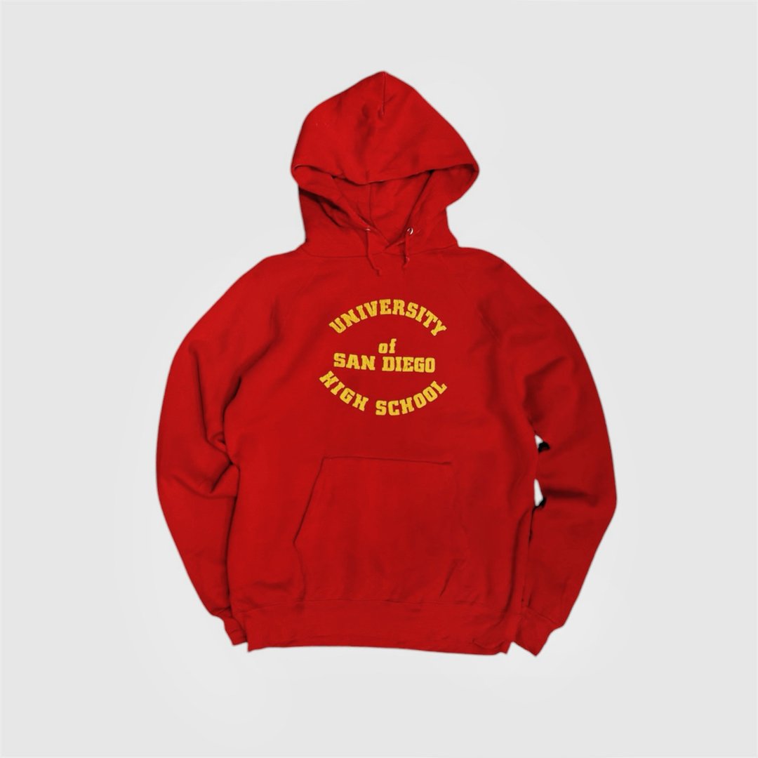 Vintage 70s 美国古着 圣地牙哥高中连帽大学T sweatshirt - 中性连帽卫衣/T 恤 - 棉 红色