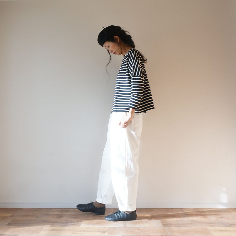 Cotton border wide cut-sew BLACK - 女装长裤 - 棉 白色