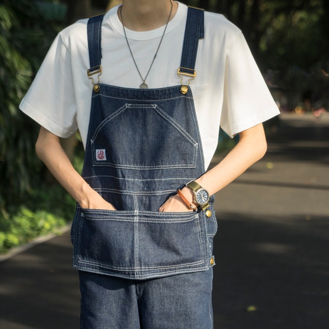Lab store 日系美式复古牛仔宽松款背带裤情侣 one wash OVERALLS - 背带裤/连体裤 - 棉 蓝色