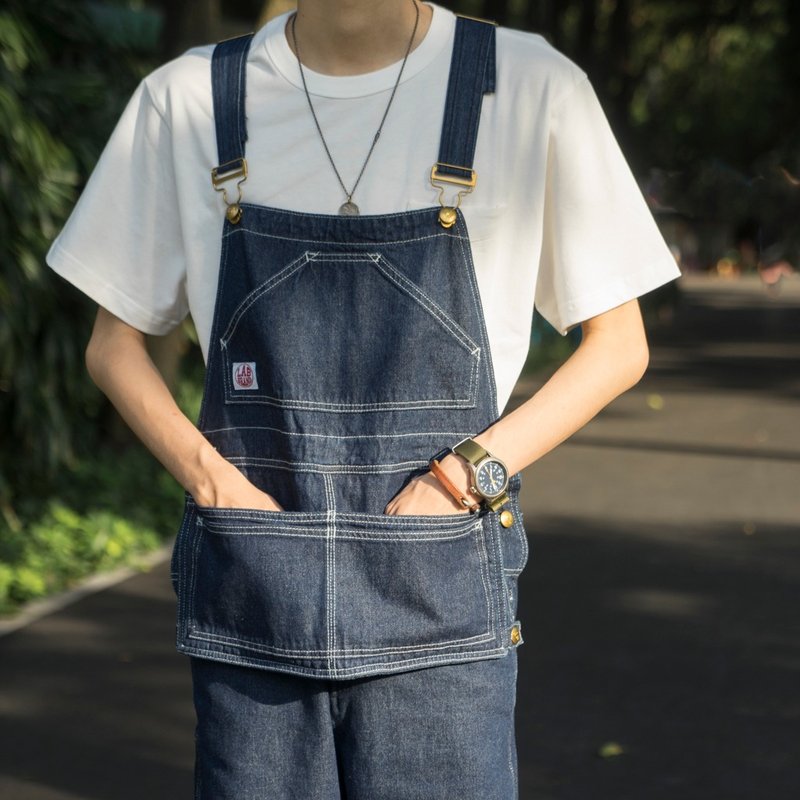 Lab store 日系美式复古牛仔宽松款背带裤情侣 one wash OVERALLS - 背带裤/连体裤 - 棉．麻 蓝色