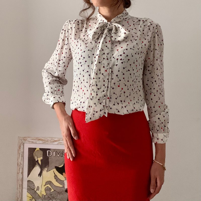 欧洲古着 意大利制 白色碎花绑带衬衫  尺寸XS - 女装衬衫 - 聚酯纤维 白色