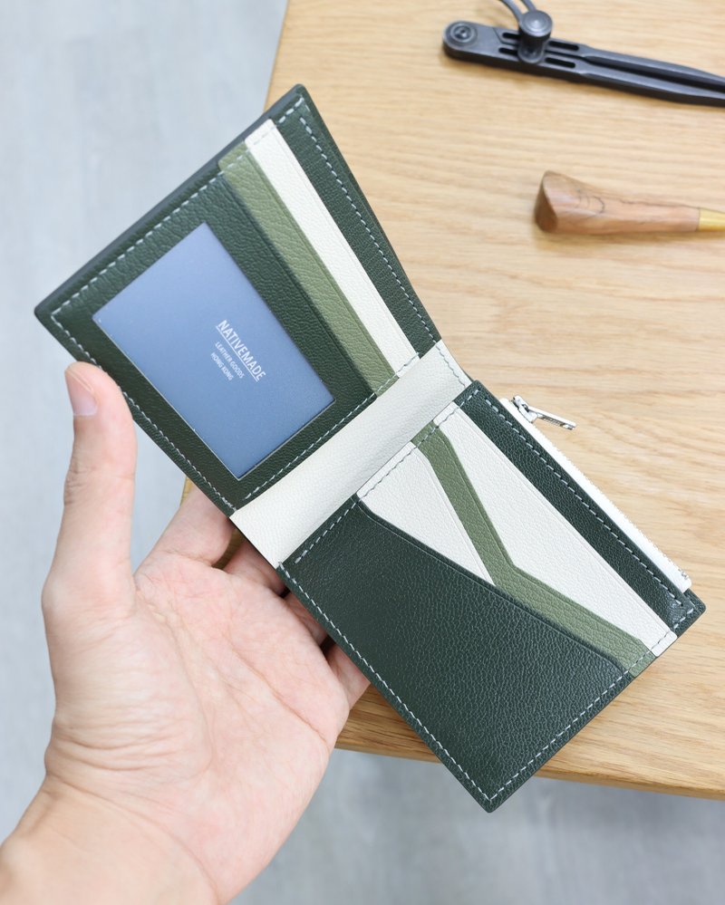 订制 法国山羊皮短银包 6 卡 1 相 1 暗格 1 纸币 1 拉链散银 短夹 钱包 - 皮夹/钱包 - 真皮 绿色
