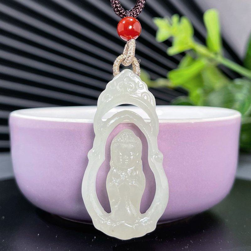 和田玉白玉宝宝佛吊坠项链 镂空双面立体雕刻站佛玉坠 细腻油润 - 项链 - 玉石 白色