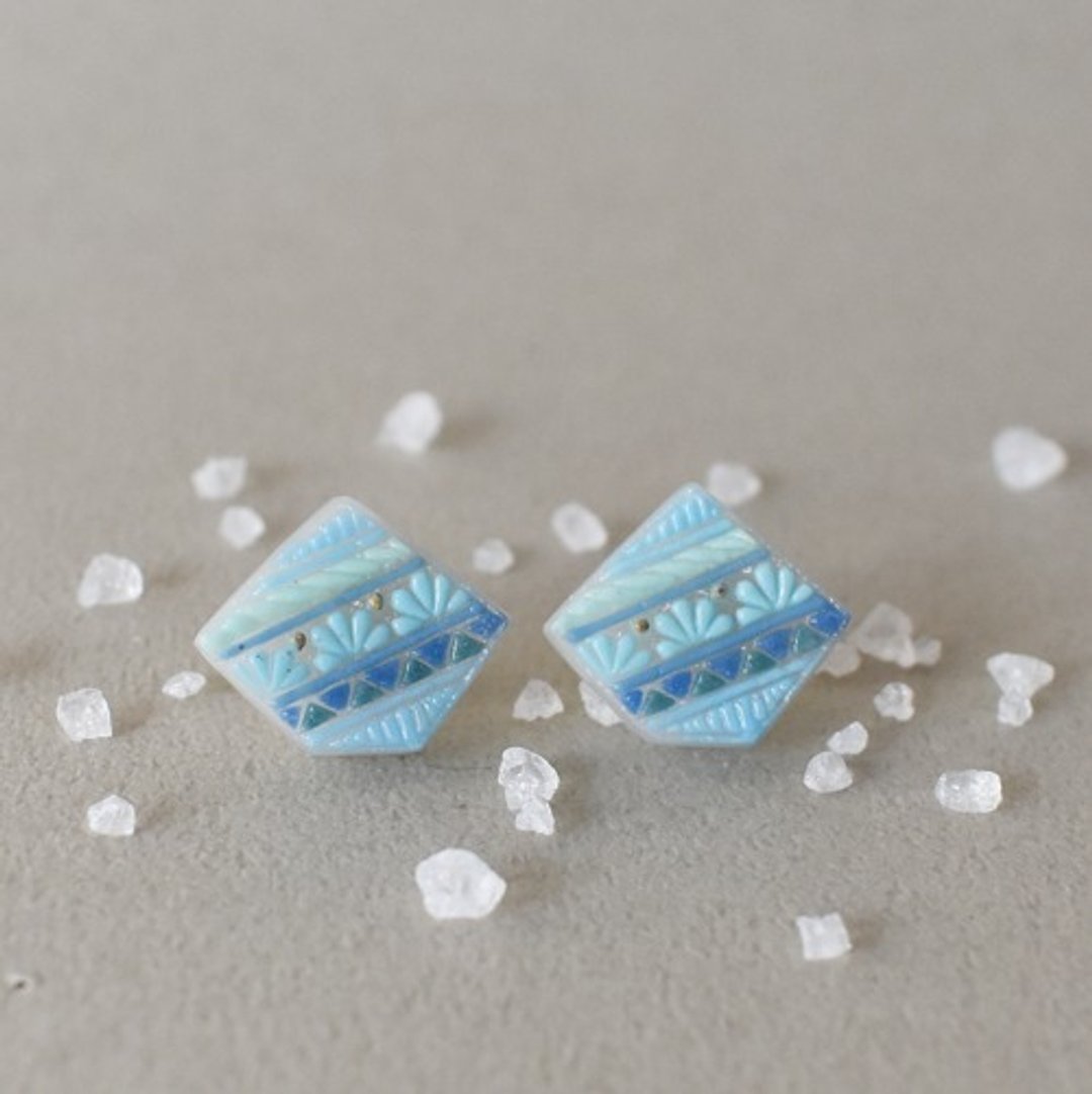 Textile style glass earrings (blue) - 耳环/耳夹 - 玻璃 