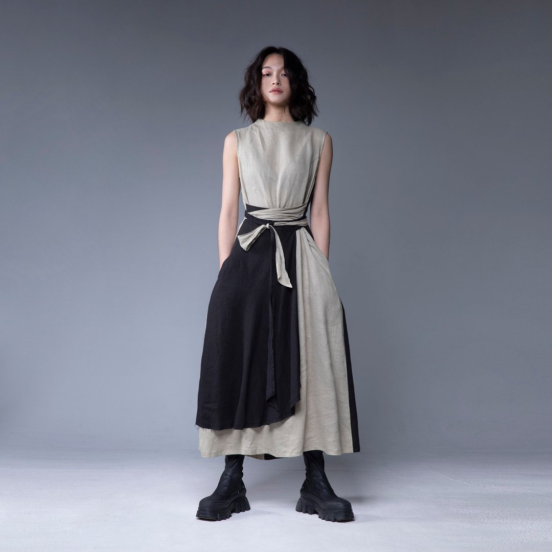 Aman No.45 经典仙女洋2号 黑杏拼色亚麻 - 洋装/连衣裙 - 棉 