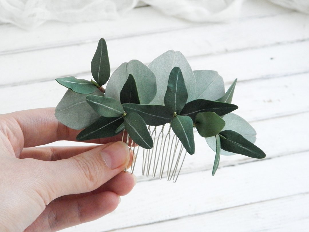 Bridal hair comb Eucalyptus leaves hair piece Flowers hair comb bride - 发饰 - 其他材质 绿色