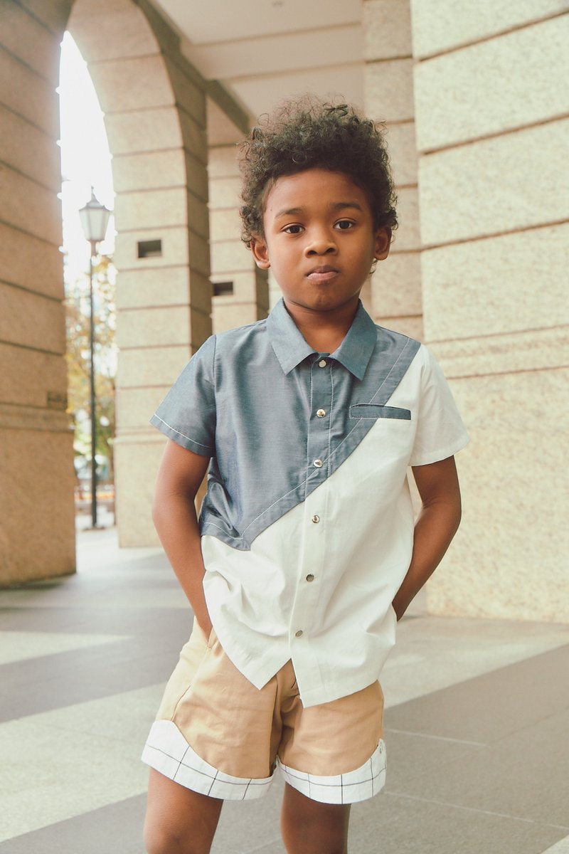 斜形两件式剪接衬衫 - 童装上衣 - 棉．麻 蓝色