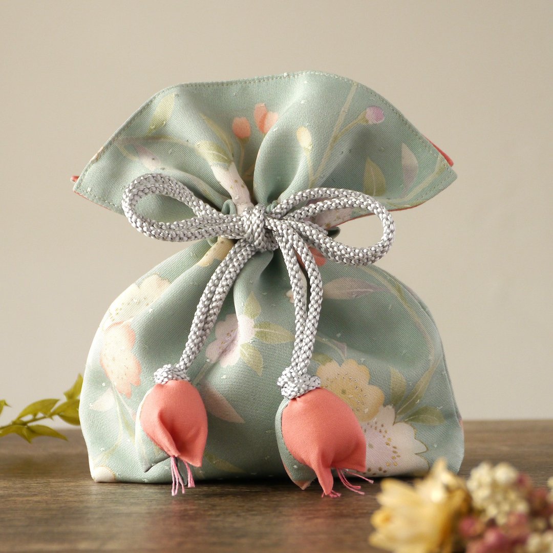 Kimono Drawstring Sakurabun FUGURO calling for happiness - 化妆包/杂物包 - 棉 绿色
