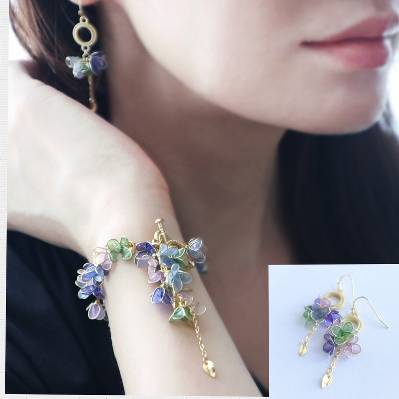 Special swaying flowers swaying leaf bracelet and earrings set - 耳环/耳夹 - 其他材质 紫色