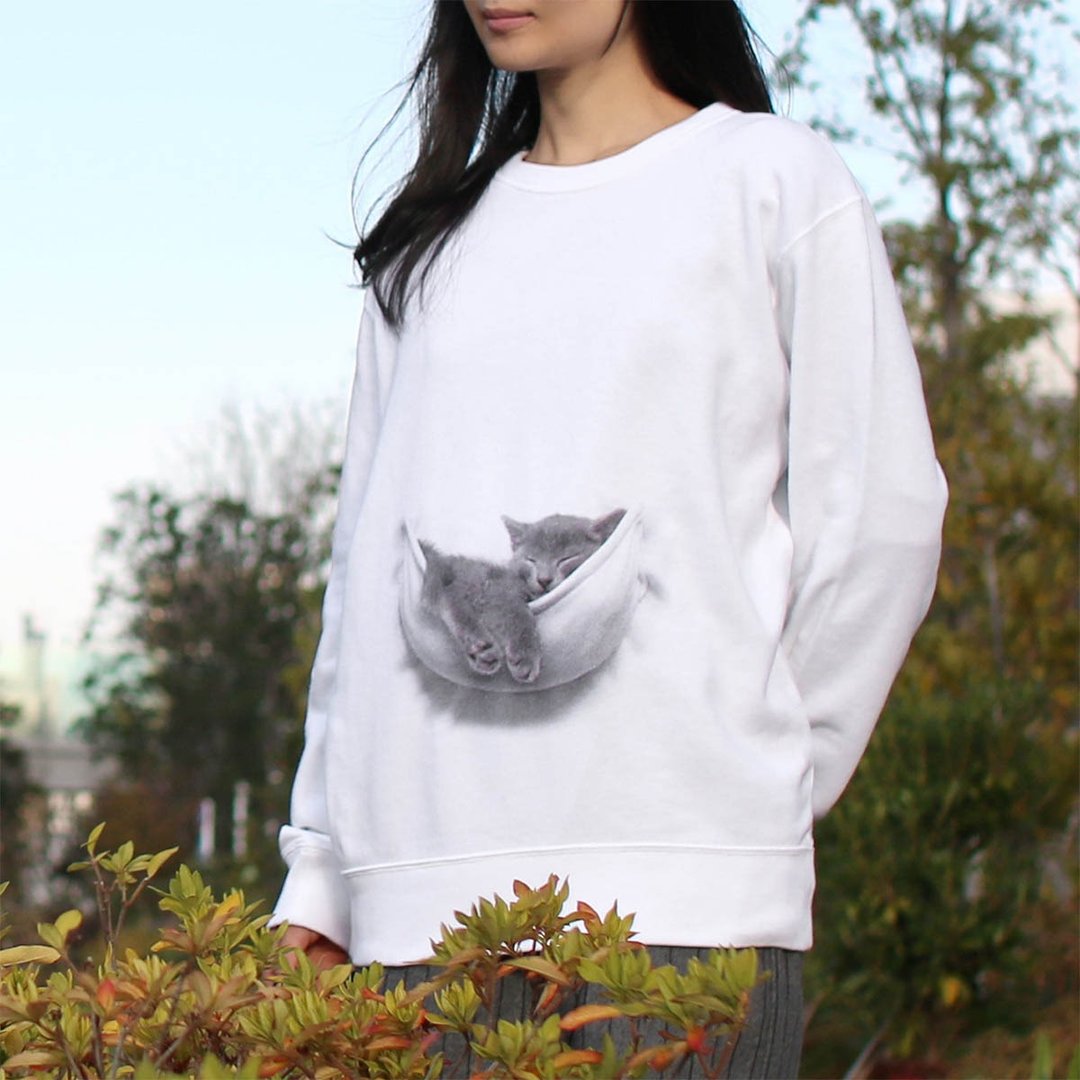 Mousou Mapping Sweatshirt/ Kitten in the pocket - 中性连帽卫衣/T 恤 - 棉 白色
