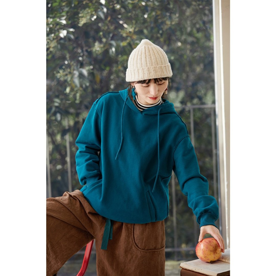 孔雀蓝百搭显白加绒加厚保暖连帽卫衣外套 - 女装上衣 - 棉 