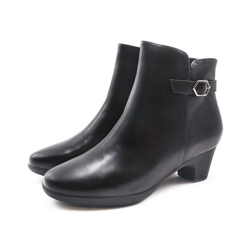 PQ 百搭皮扣内拉链低筒女靴 女鞋-黑色 - 女款短靴 - 真皮 