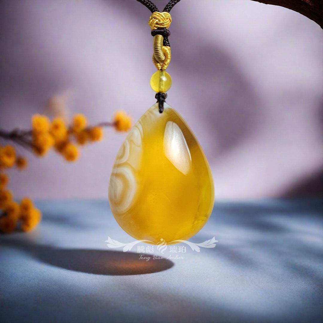 腾彪琥珀 天然琥珀蜜蜡 双天眼纹 金绞白蜜蜡 正规水滴 藏品项链 - 项链 - 半宝石 橘色