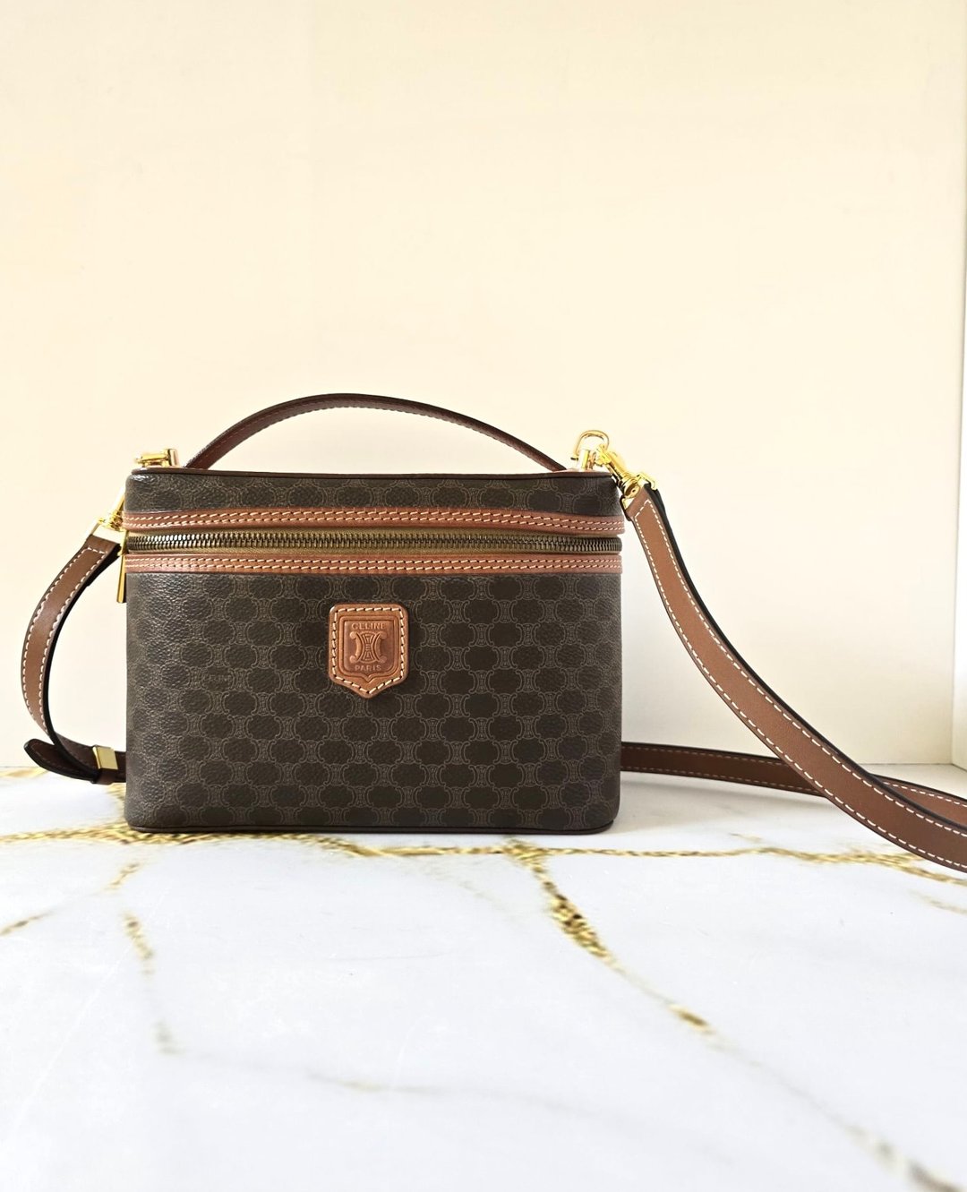 Celine 老花 Vanity 盒子包 中古包 斜背包 侧背包 单肩包 古董包 - 侧背包/斜挎包 - 人造皮革 咖啡色
